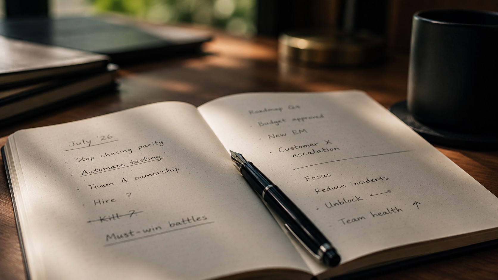 An open notebook with handwritten brag log entries — decisions, hires, must-win battles — a fountain pen resting across the page