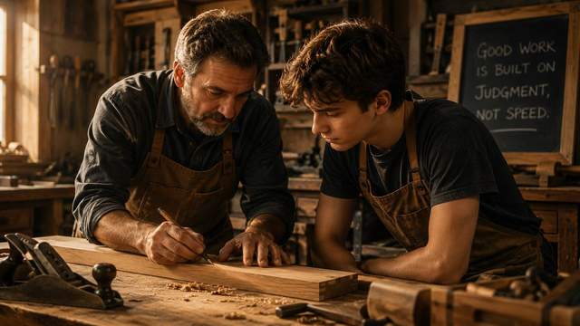 Master carpenter teaching an apprentice in a workshop