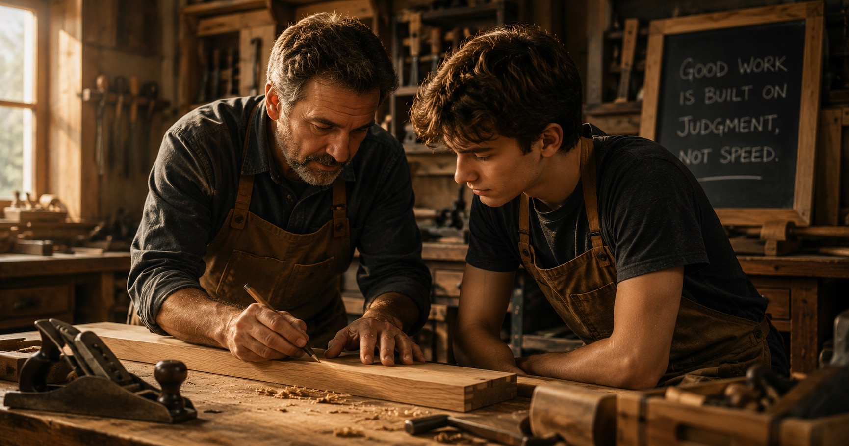 Master carpenter teaching an apprentice in a workshop, with a chalkboard reading 'Good work is built on judgment, not speed'