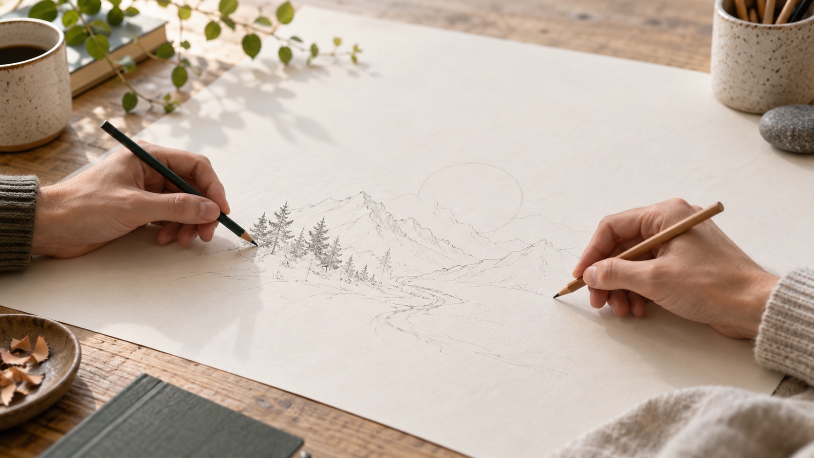 Two hands reaching toward the same unfinished sketch
