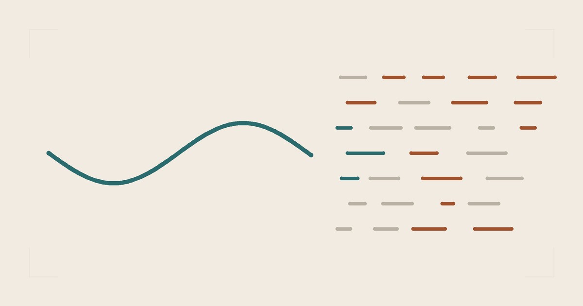 One unbroken teal line on the left, a field of short broken dashes on the right