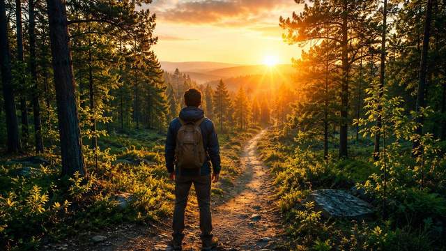 A person standing at the start of a path through a forest at dawn