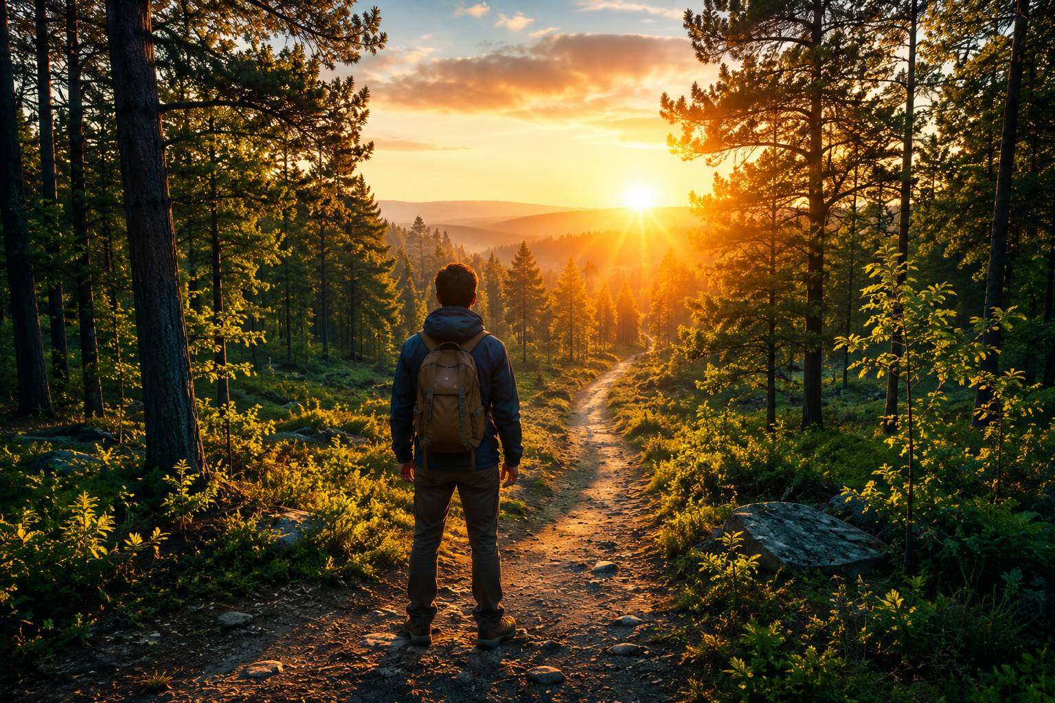 A person with a backpack standing on a forest path at sunrise