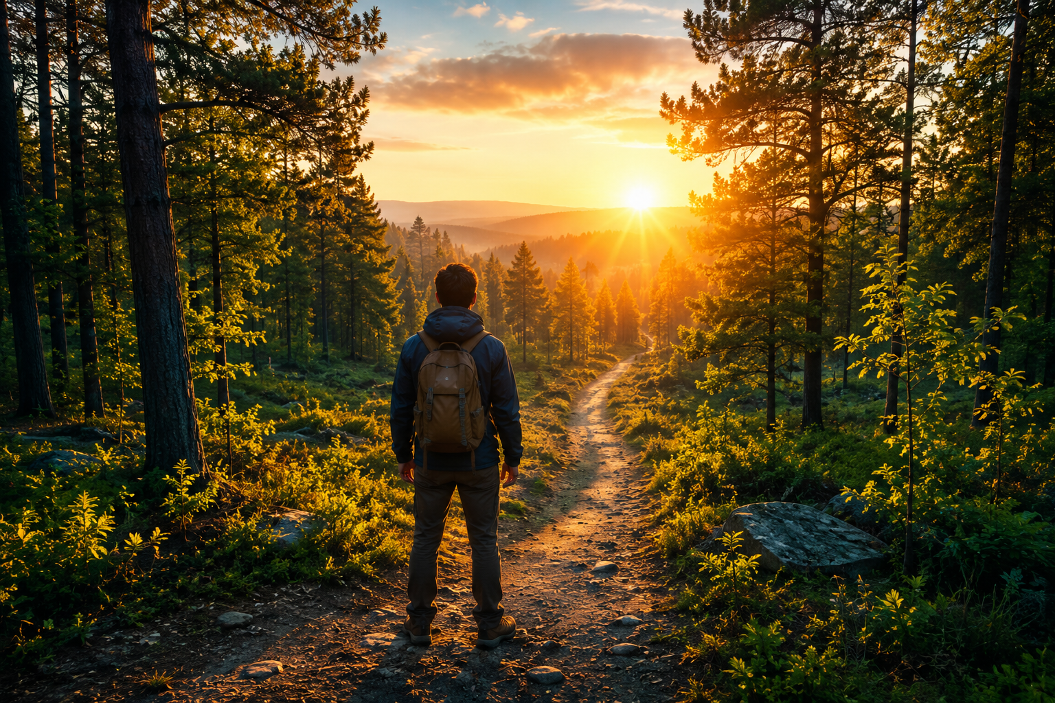 A person with a backpack standing on a forest path at sunrise