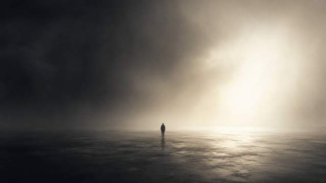 A lone figure standing in a large, empty space