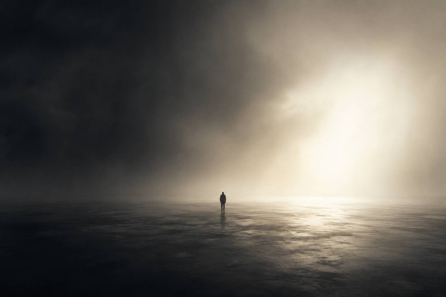 A lone figure standing between darkness and light in a vast empty space