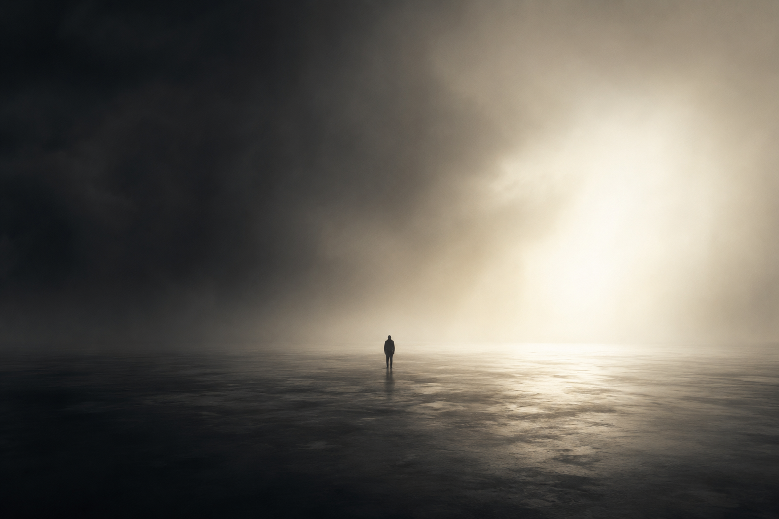 A lone figure standing between darkness and light in a vast empty space