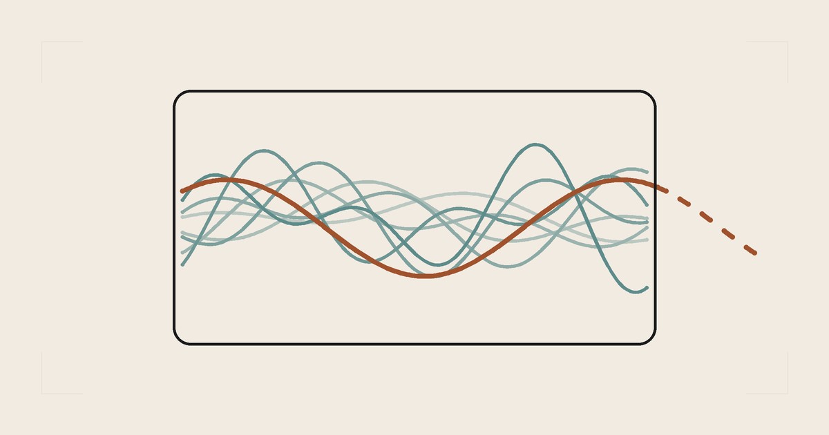 A rounded boundary holding overlapping teal curves, with one sienna curve escaping as a dashed line