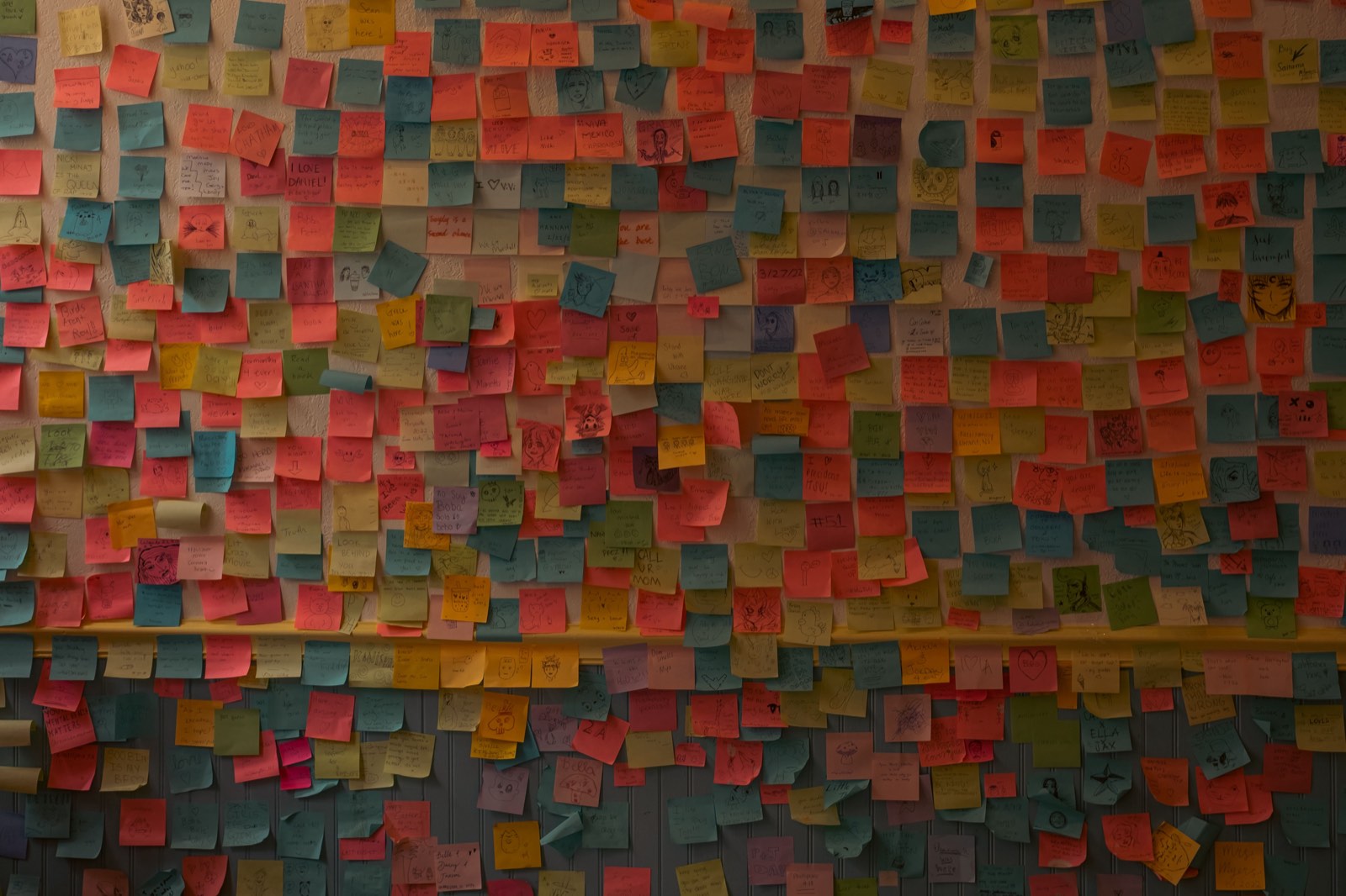 A wall densely covered in colourful sticky notes