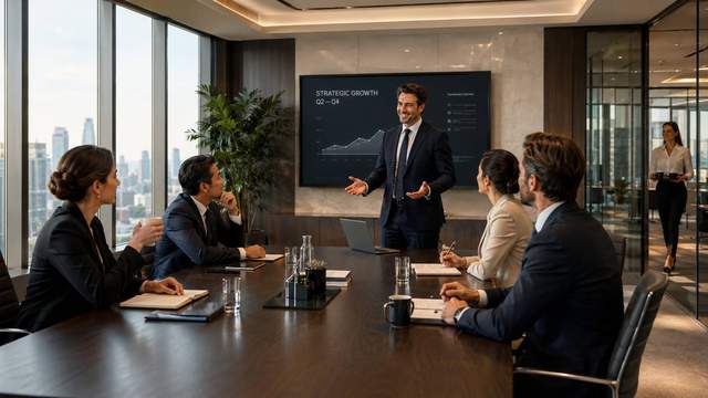 A presenter speaking to executives in a boardroom with a strategic growth chart on screen