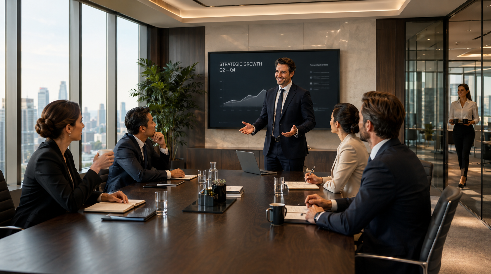 A presenter speaking to executives in a boardroom with a strategic growth chart on screen