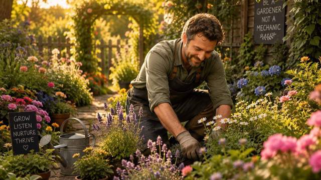 Gardener tending flowers with a sign reading 'Be a gardener not a mechanic'