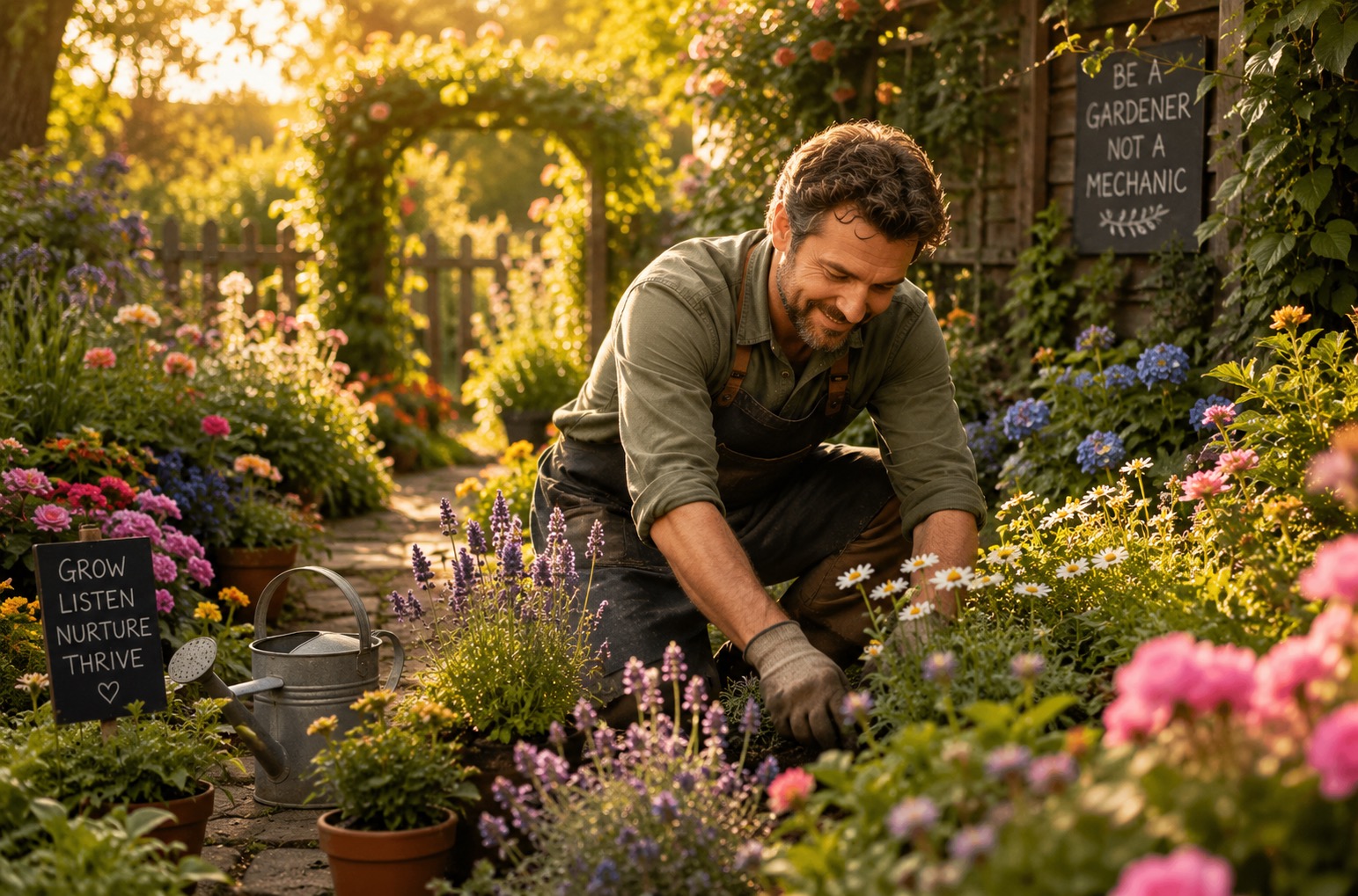 Gardener tending flowers with signs reading 'Be a gardener not a mechanic' and 'Grow, listen, nurture, thrive'